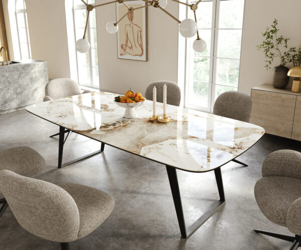 Étkezőasztal Edge hajóformájú 240x120 cm kerámia Minas melange fehér-bézs fém ferde fekete