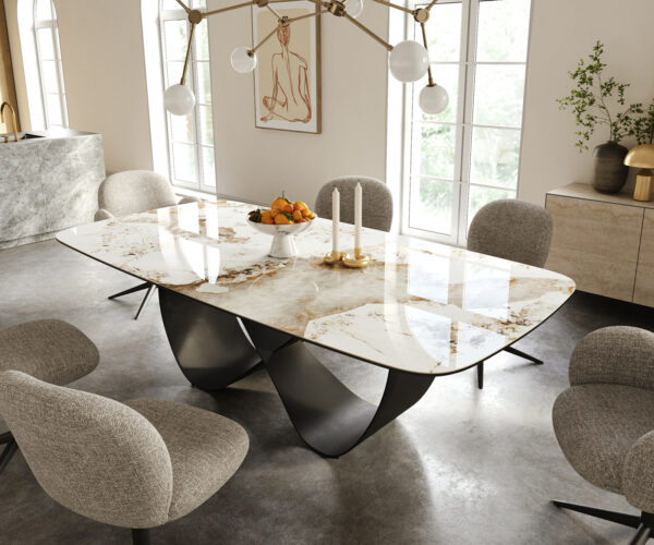 Étkezőasztal Edge hajóformájú 240x120 cm kerámia Minas Melange fehér-bézs Infinity fém fekete