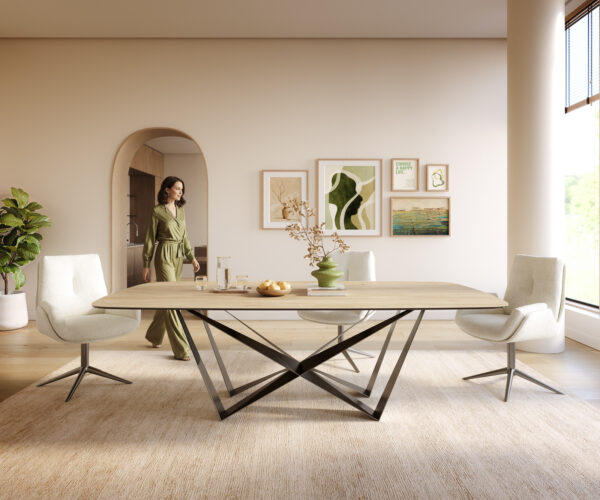 Étkezőasztal Edge hajóformájú 240x120 cm Laminam® Sabbia kerámia tölgyszínű Spider laposacél rozsdamentes acél grafit