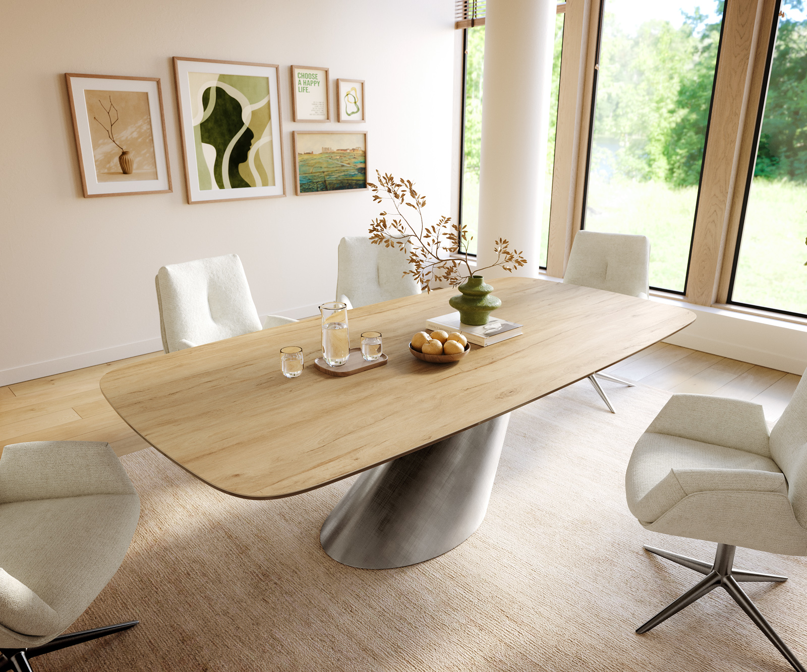 Étkezőasztal Edge hajóformájú 240x120 cm Laminam® Sabbia kerámia tölgyszínű Cono metál ezüst