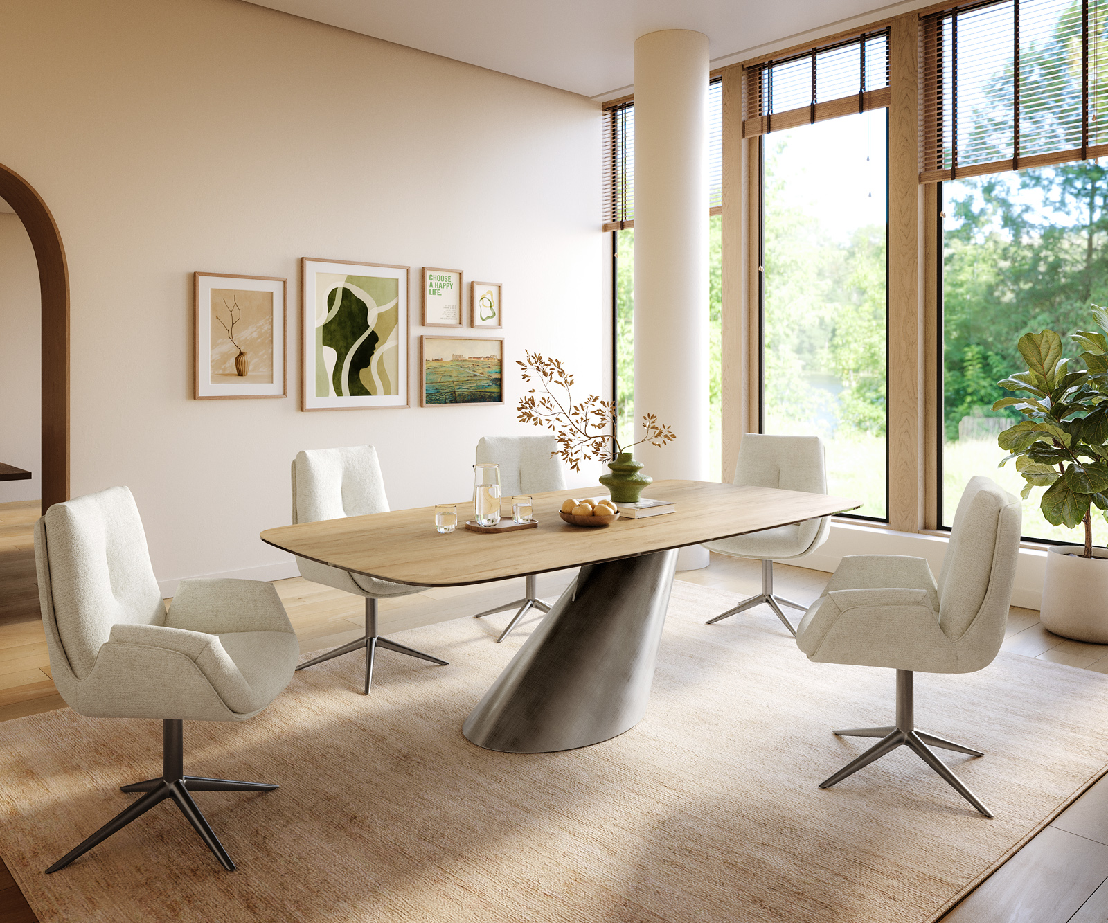 Étkezőasztal Edge hajóformájú 240x120 cm Laminam® Sabbia kerámia tölgyszínű Cono metál ezüst - Image 6