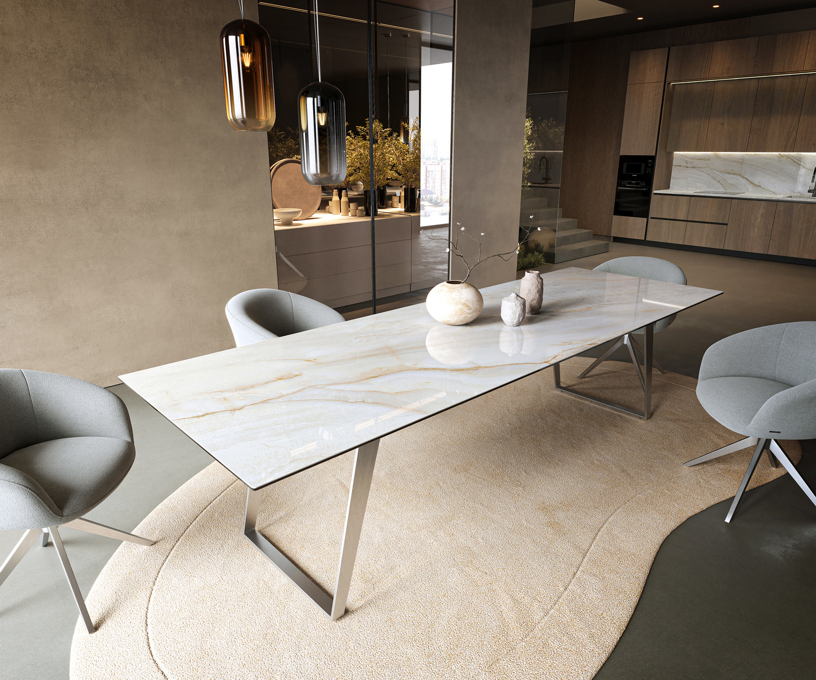 Étkezőasztal Edge 300x100 cm kerámia onyx pearl rozsdamentes acél ferde