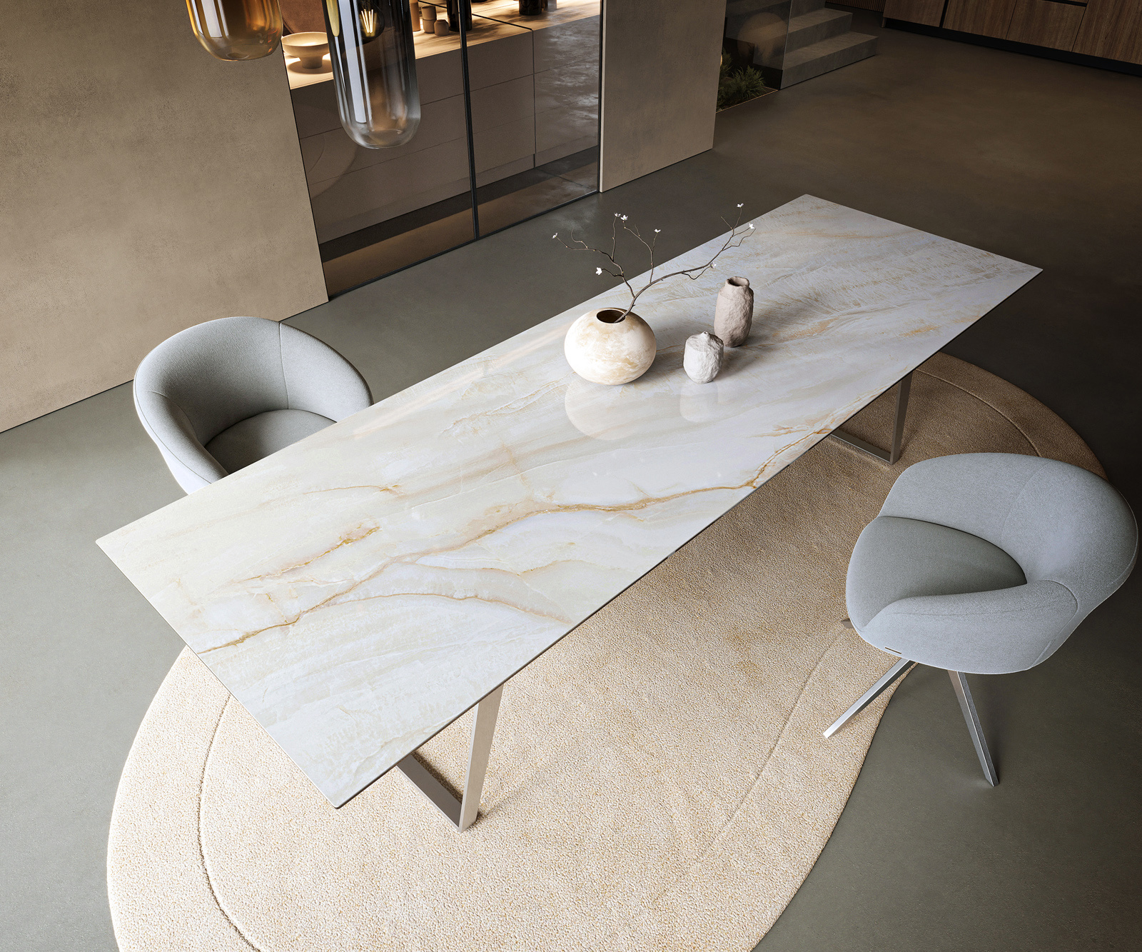 Étkezőasztal Edge 300x100 cm kerámia onyx pearl rozsdamentes acél ferde - Image 4