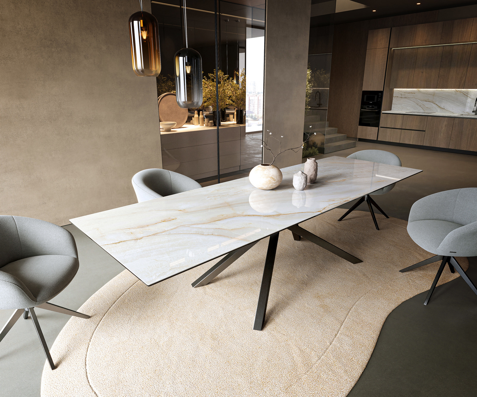 Étkezőasztal Edge 300x100 cm kerámia onyx pearl kereszt láb téglalap rozsdamentes acél grafit