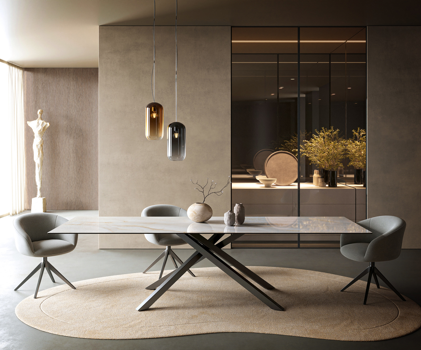 Étkezőasztal Edge 300x100 cm kerámia onyx pearl kereszt láb téglalap rozsdamentes acél grafit - Image 2