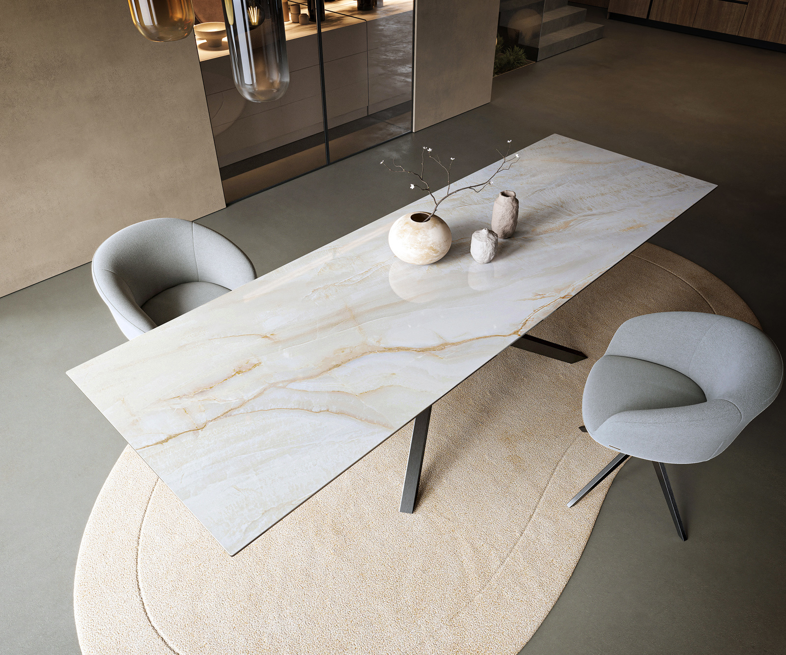 Étkezőasztal Edge 300x100 cm kerámia onyx pearl kereszt láb téglalap rozsdamentes acél grafit - Image 4