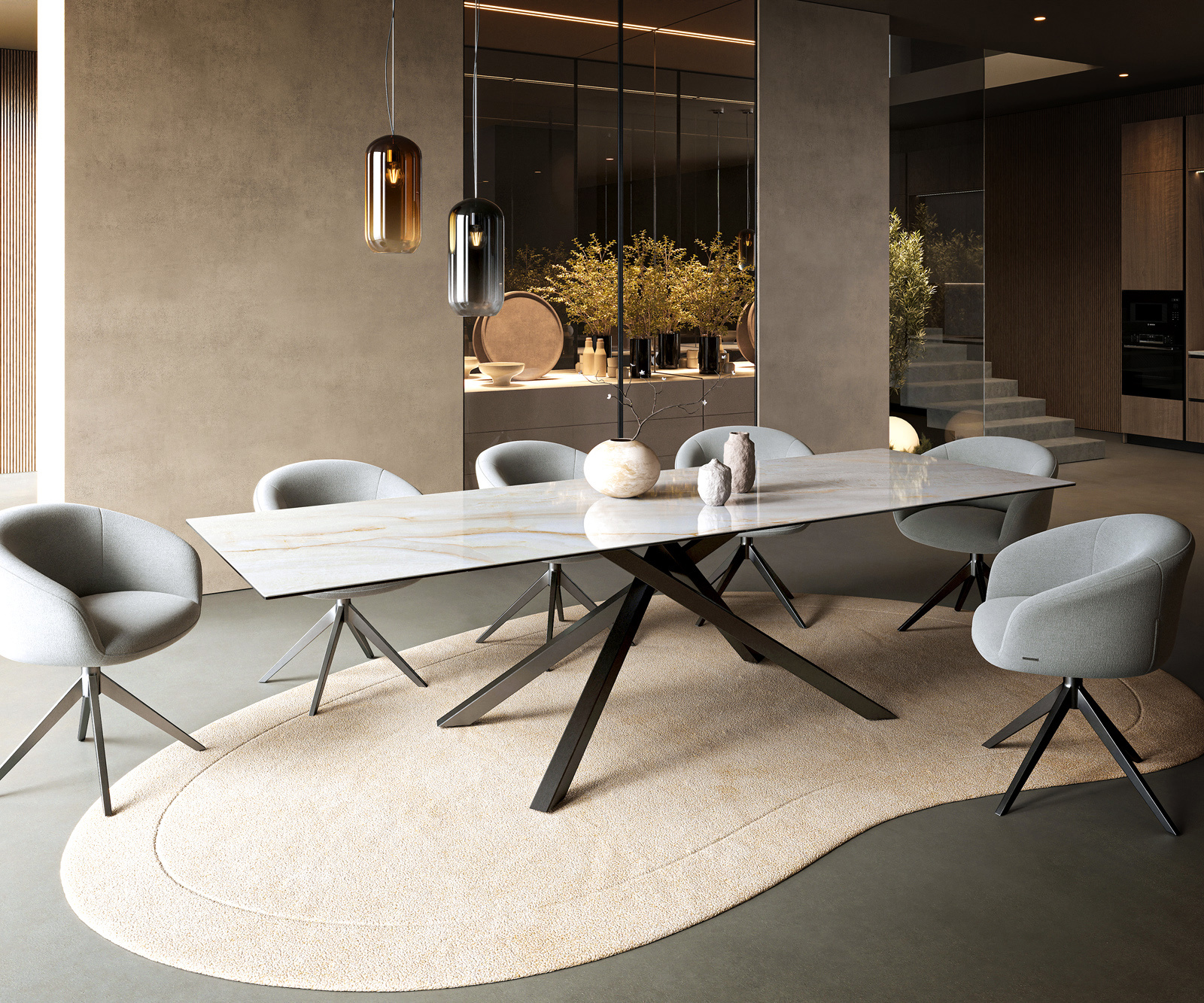 Étkezőasztal Edge 300x100 cm kerámia onyx pearl kereszt láb téglalap rozsdamentes acél grafit - Image 7