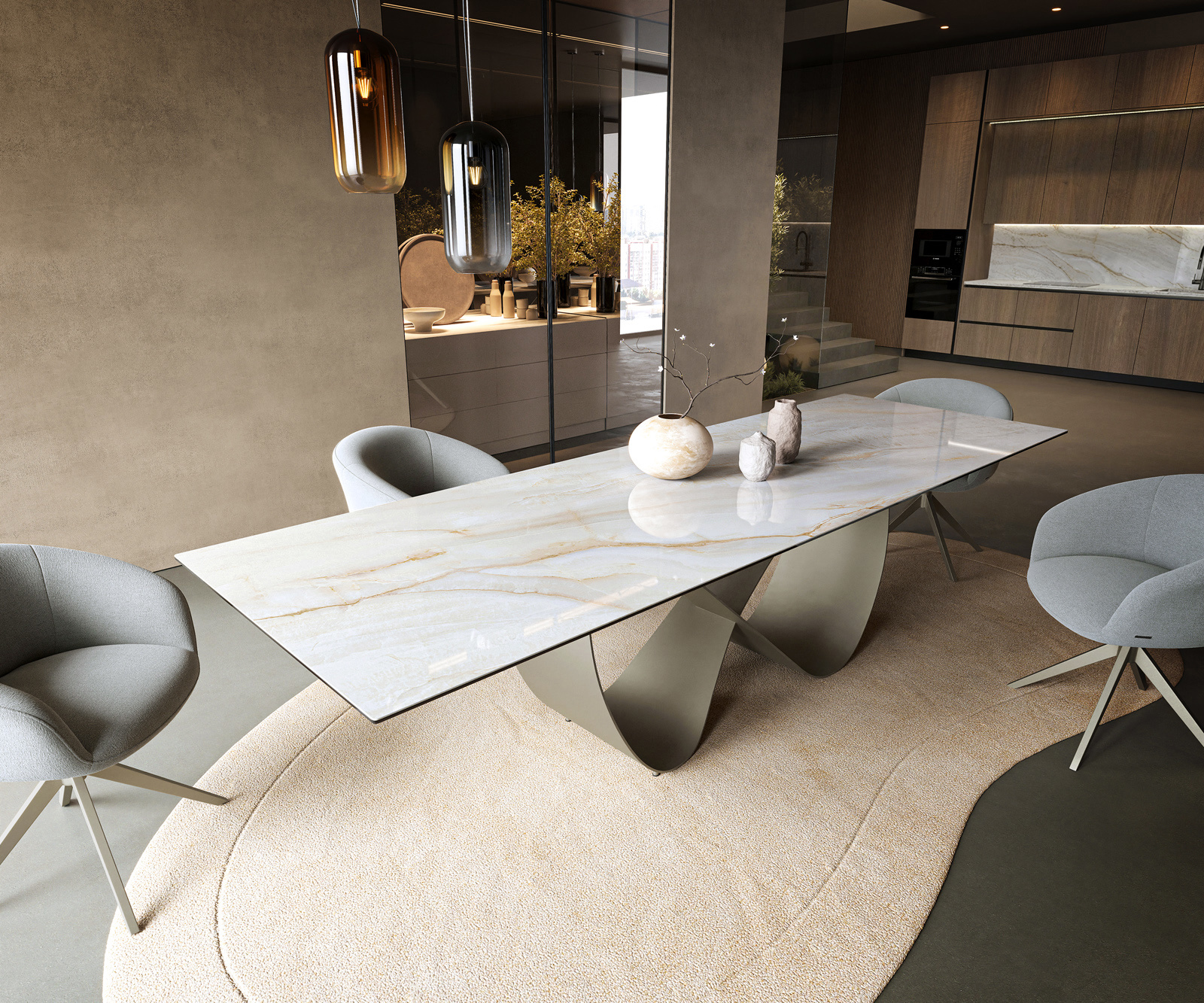 Étkezőasztal Edge 300x100 cm kerámia onyx gyöngyház infinity fém titán színű effekt finish