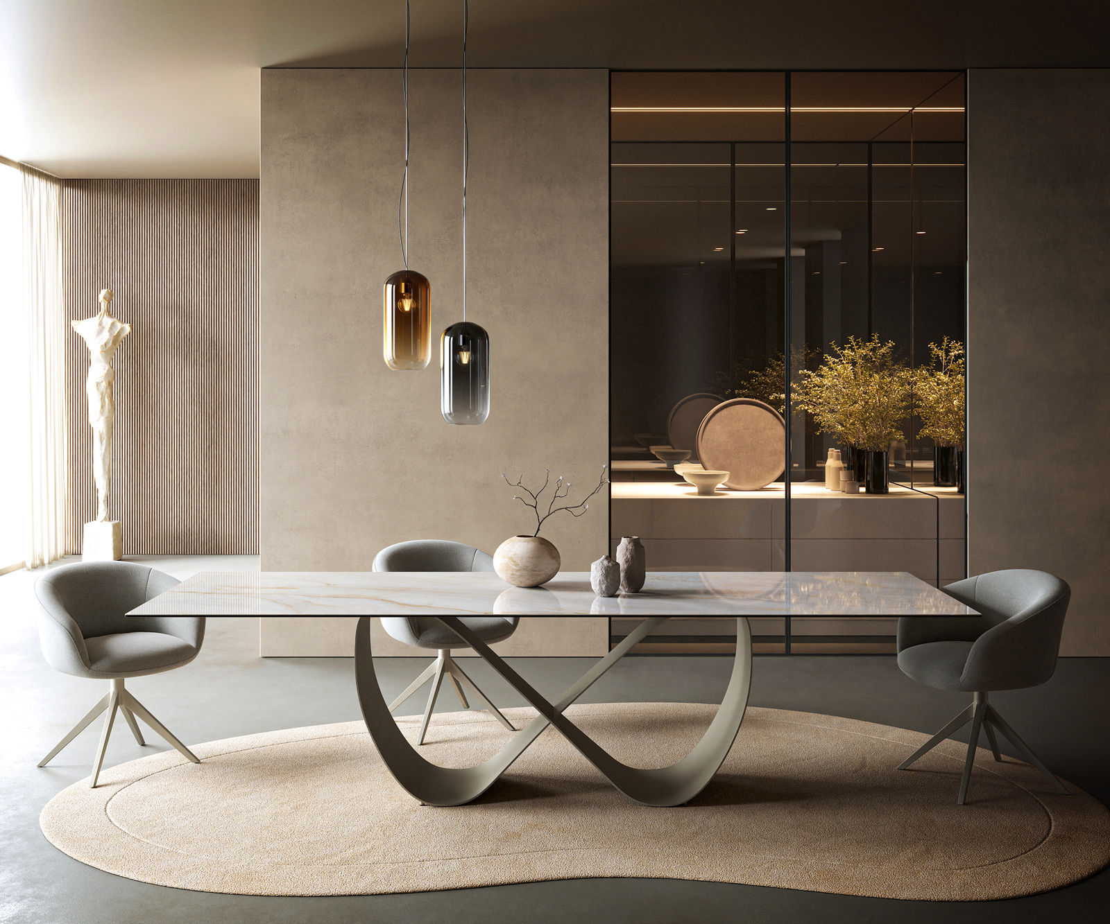 Étkezőasztal Edge 300x100 cm kerámia onyx gyöngyház infinity fém titán színű effekt finish - Image 2