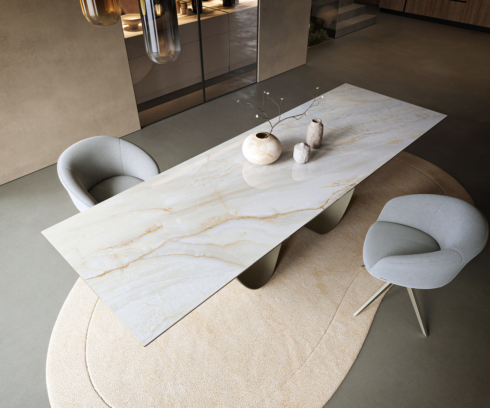 Étkezőasztal Edge 300x100 cm kerámia onyx gyöngyház infinity fém titán színű effekt finish - Image 4