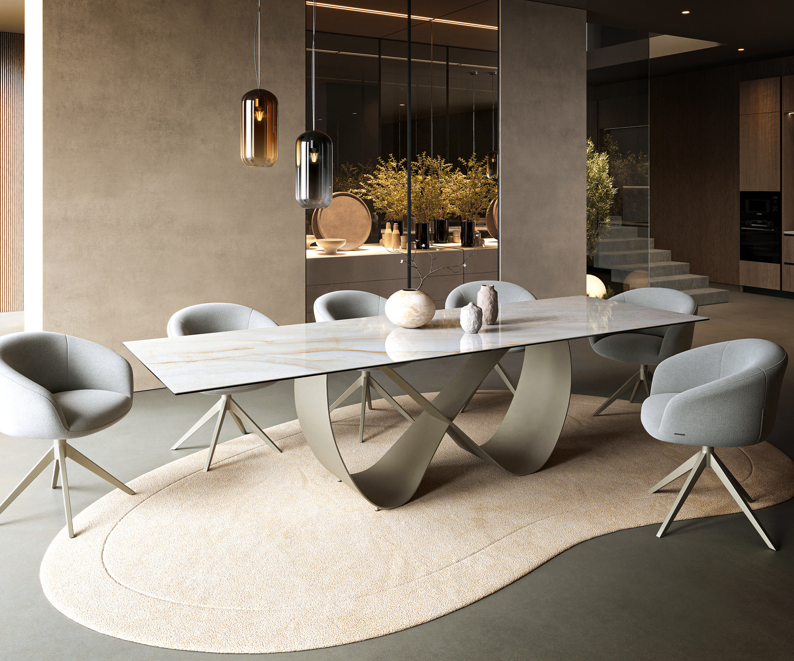 Étkezőasztal Edge 300x100 cm kerámia onyx gyöngyház infinity fém titán színű effekt finish - Image 7