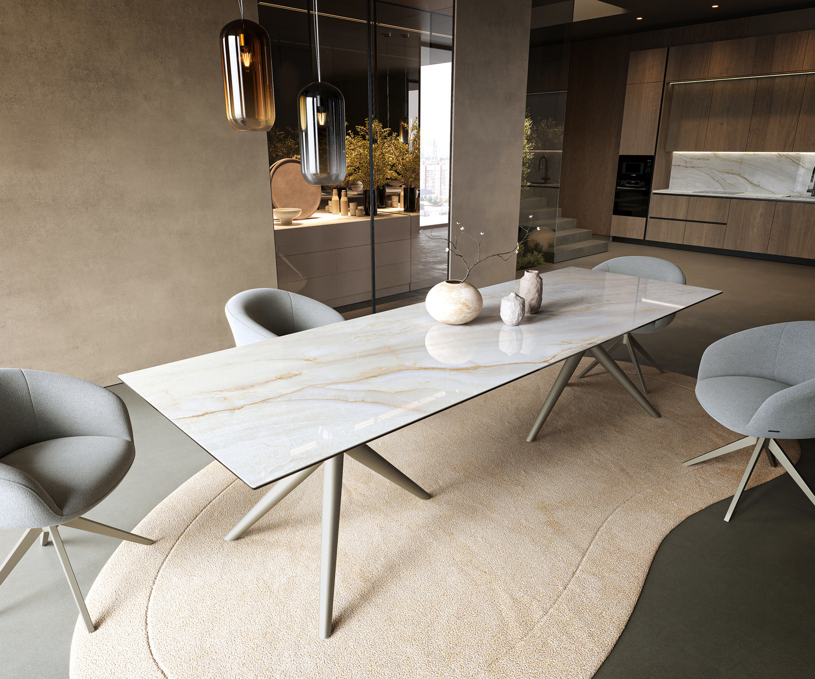 Étkezőasztal Edge 300x100 cm kerámia ónix gyöngy Estelar kerek fém titán színű hatású