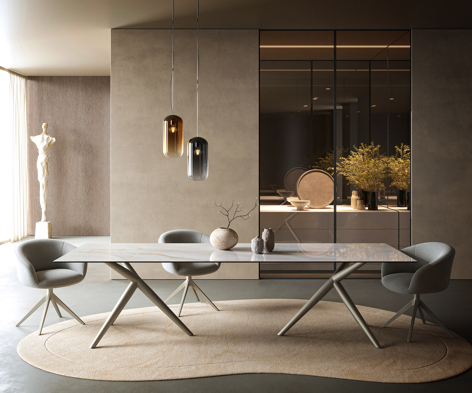 Étkezőasztal Edge 300x100 cm kerámia ónix gyöngy Estelar kerek fém titán színű hatású - Image 2