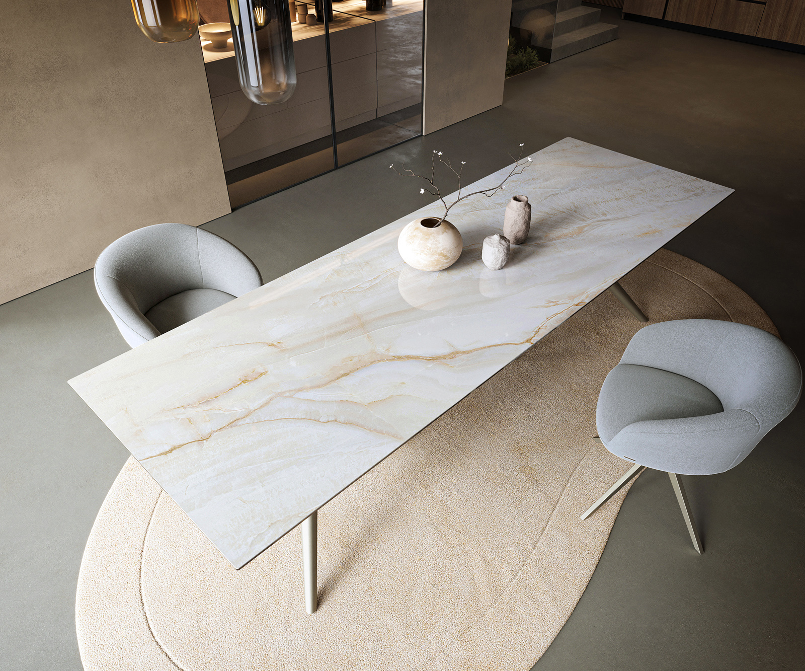 Étkezőasztal Edge 300x100 cm kerámia ónix gyöngy Estelar kerek fém titán színű hatású - Image 4