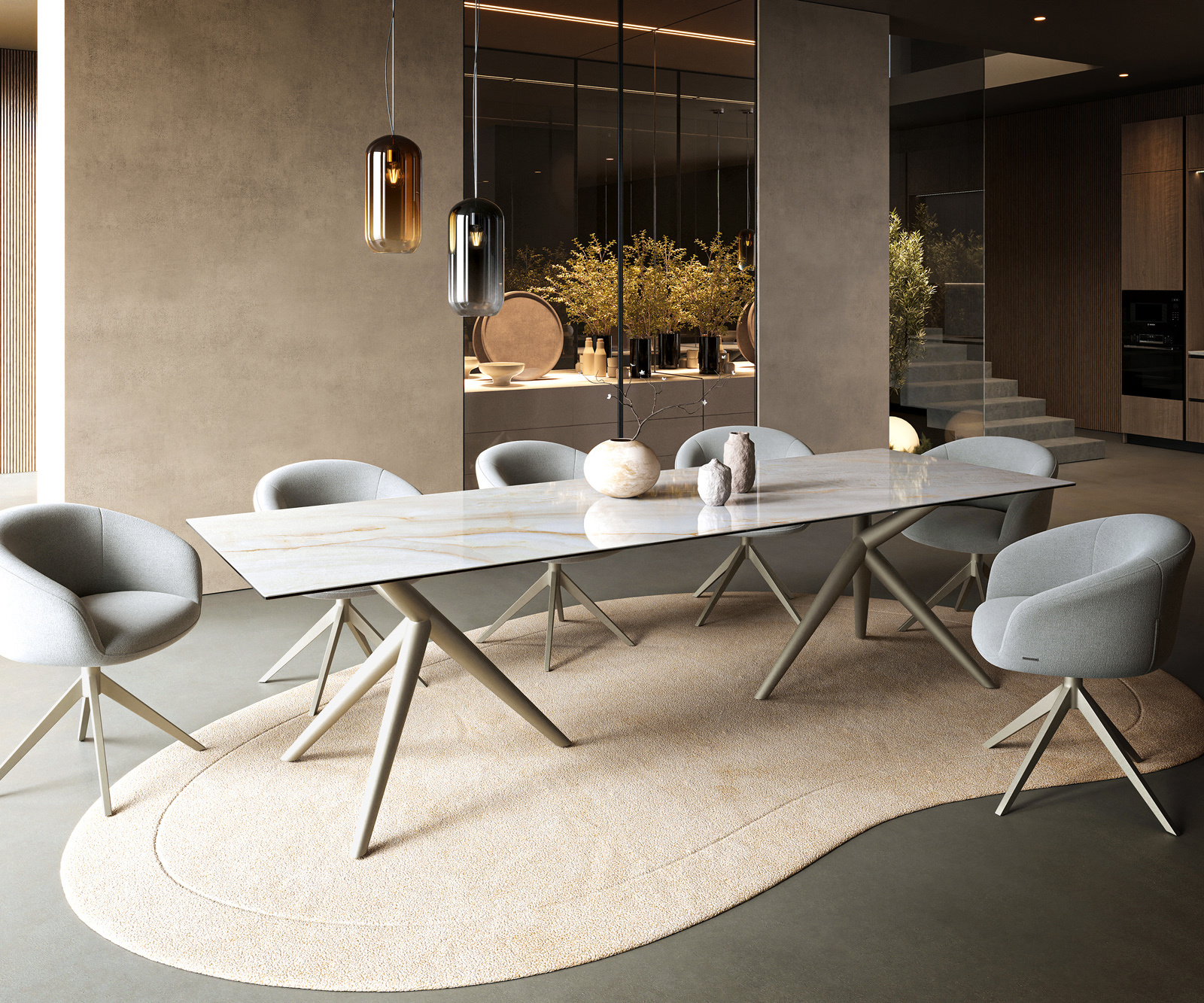 Étkezőasztal Edge 300x100 cm kerámia ónix gyöngy Estelar kerek fém titán színű hatású - Image 7