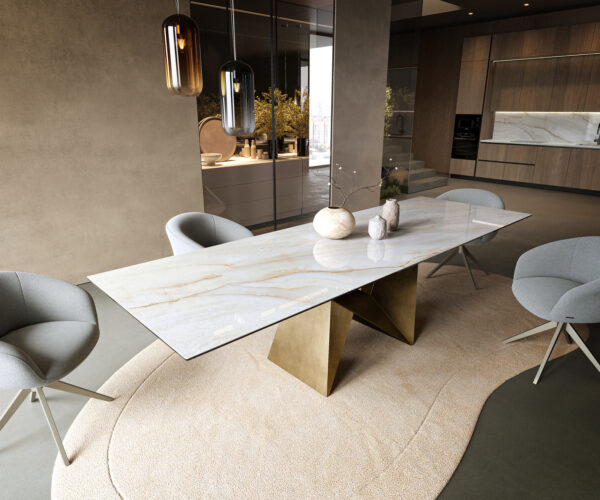 Étkezőasztal Edge 300x100 cm kerámia Onyx Pearl Origami metál arany