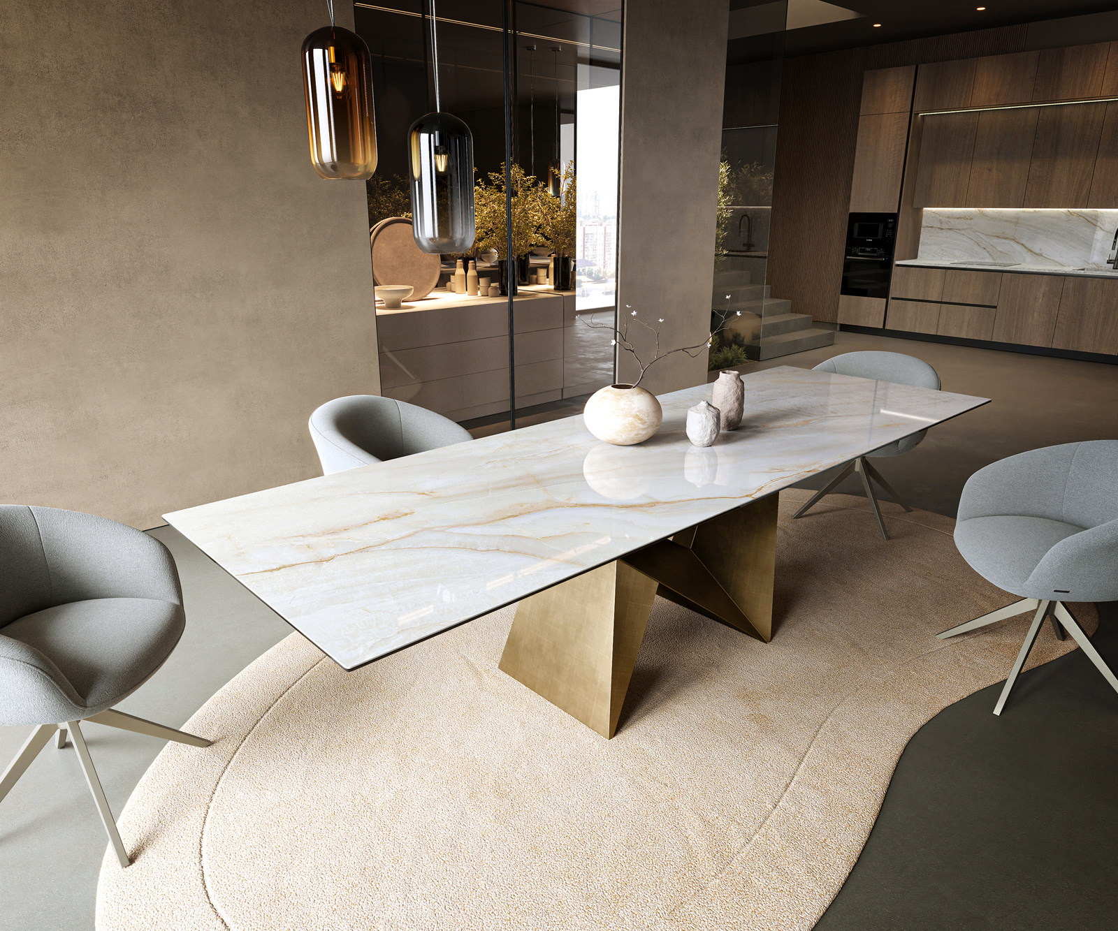 Étkezőasztal Edge 300x100 cm kerámia Onyx Pearl Origami metál arany