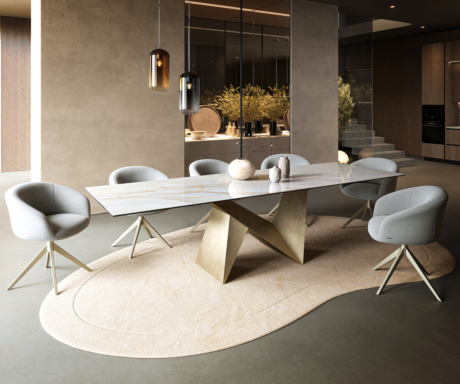 Étkezőasztal Edge 300x100 cm kerámia Onyx Pearl Origami metál arany - Image 7