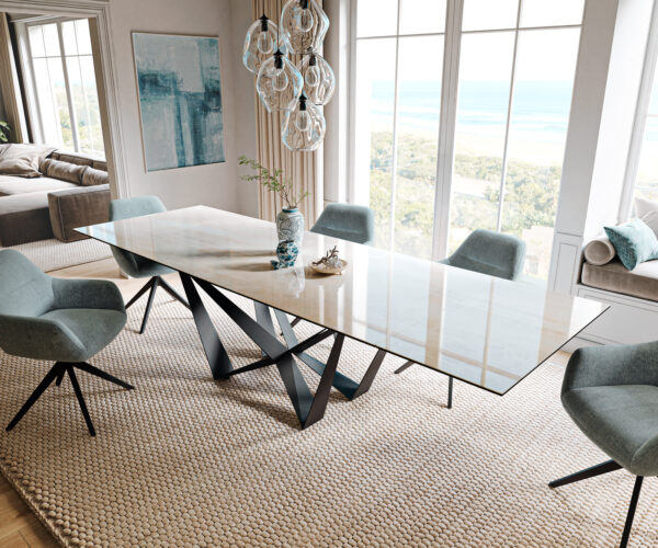 Étkezőasztal Edge 200-300x100 cm kerámia onyx pezsgő pókháló laposacél fekete kihúzható