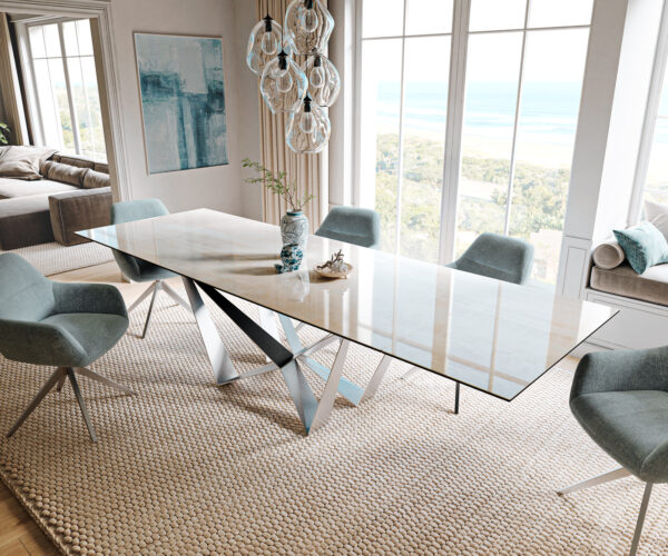 Étkezőasztal Edge 200-300x100 cm kerámia onyx pezsgő pókszerkezet laposacél rozsdamentes acél kihúzható