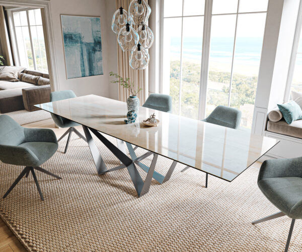 Étkezőasztal Edge 200-300x100 cm kerámia onyx pezsgő pókláb laposacél rozsdamentes acél grafit kihúzható