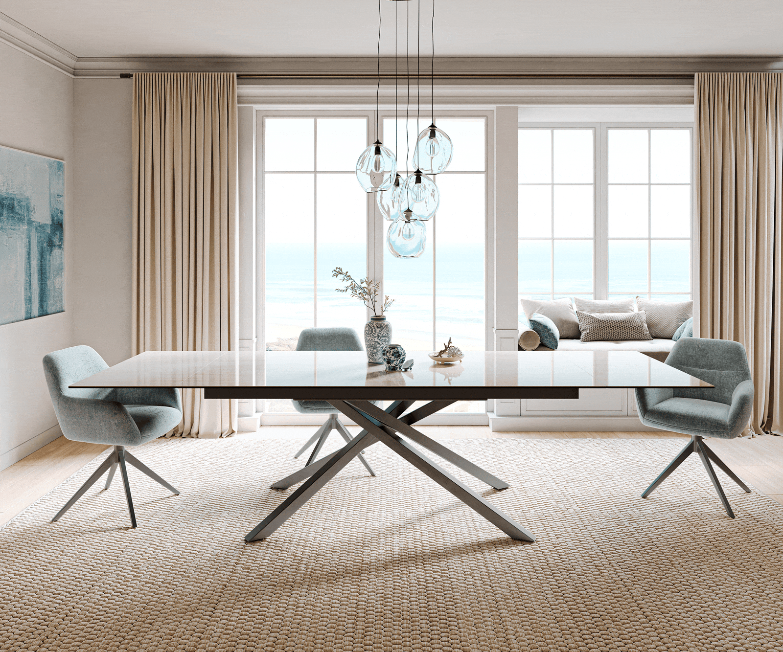 Étkezőasztal Edge 200-300x100 cm kerámia onyx pezsgő kereszt láb téglalap rozsdamentes acél grafit kihúzható - Image 2