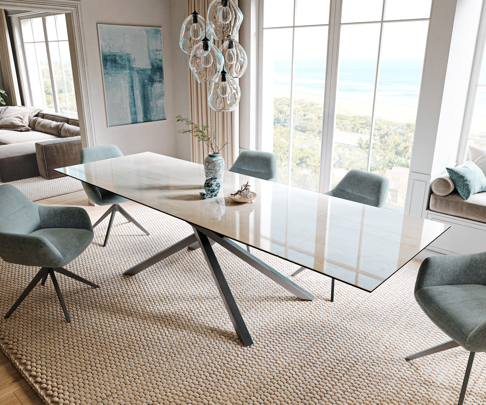 Étkezőasztal Edge 200-300x100 cm kerámia onyx pezsgő kereszt láb téglalap rozsdamentes acél grafit kihúzható