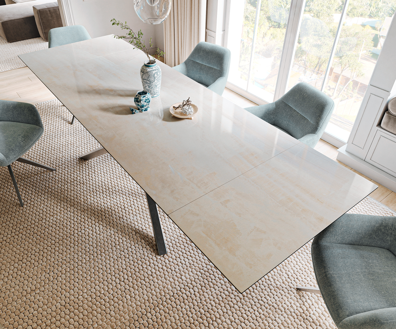 Étkezőasztal Edge 200-300x100 cm kerámia onyx pezsgő kereszt láb téglalap rozsdamentes acél grafit kihúzható - Image 4