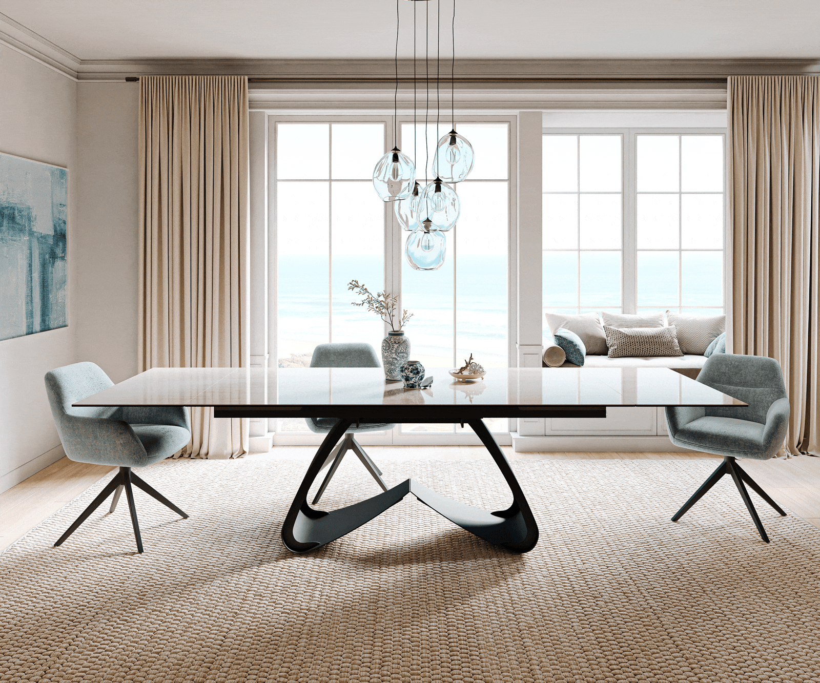 Étkezőasztal Edge 200-300x100 cm kerámia onyx pezsgő W alakú fém fekete kihúzható - Image 2