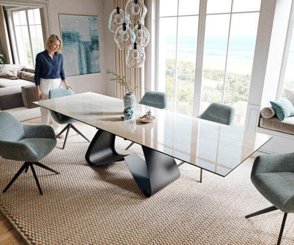 Étkezőasztal Edge 200-300x100 cm kerámia onyx pezsgő W alakú fém fekete kihúzható