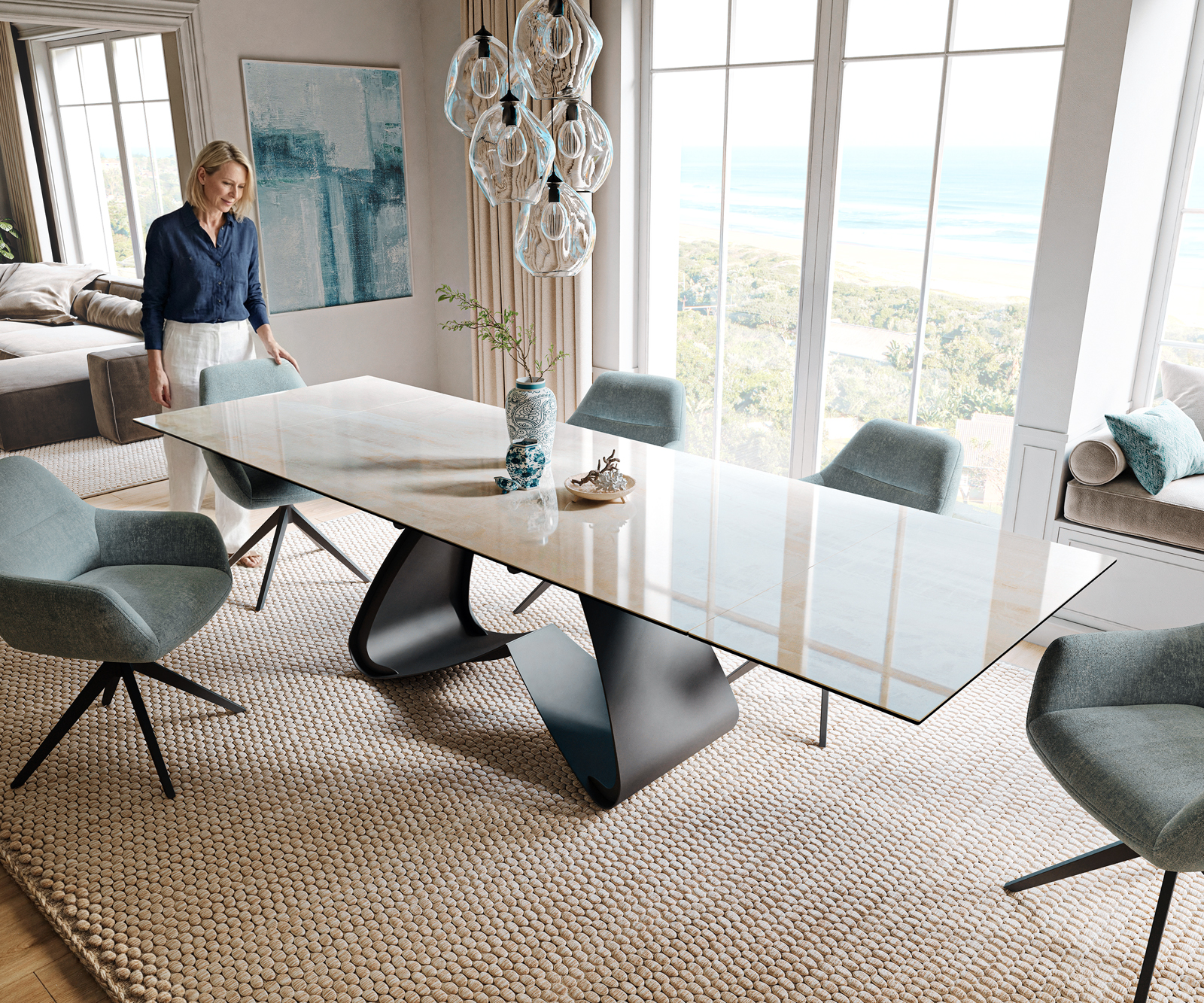 Étkezőasztal Edge 200-300x100 cm kerámia onyx pezsgő W alakú fém fekete kihúzható