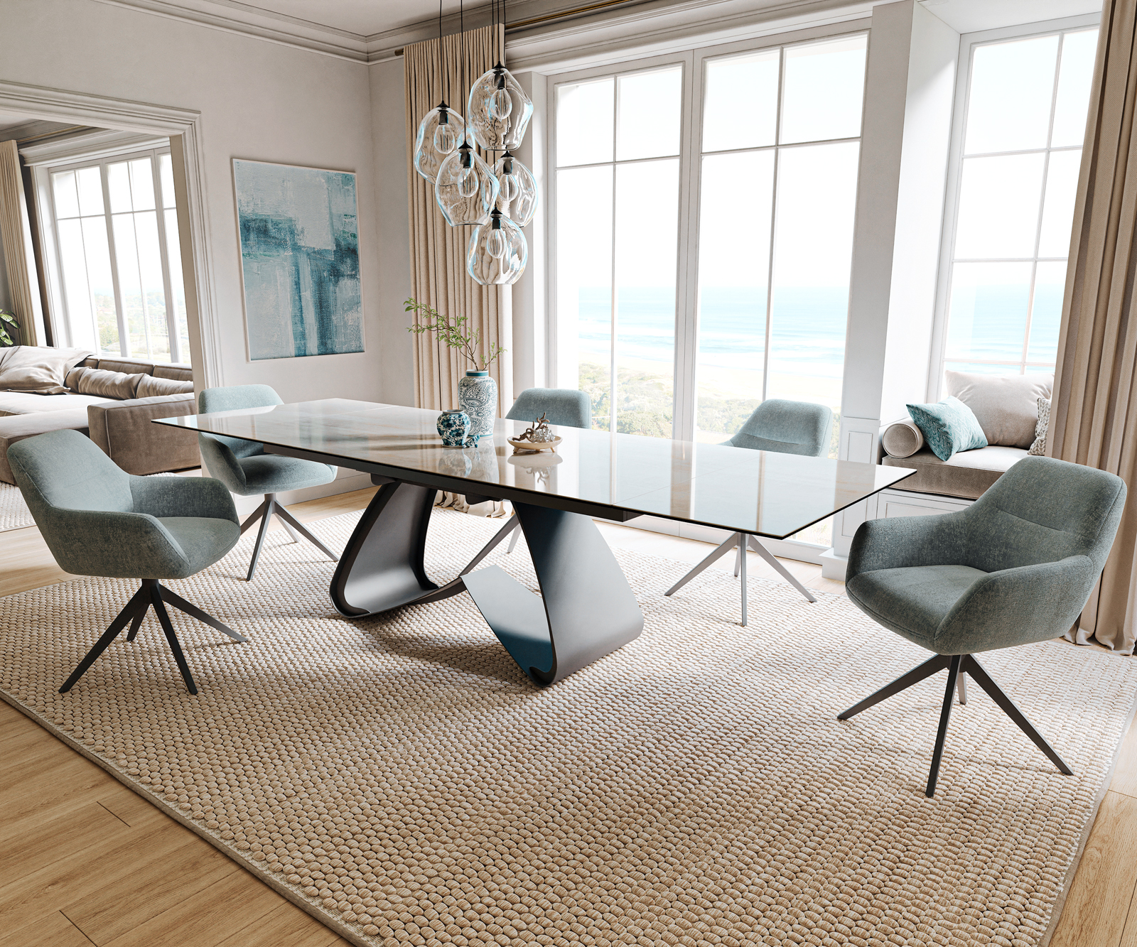 Étkezőasztal Edge 200-300x100 cm kerámia onyx pezsgő W alakú fém fekete kihúzható - Image 7