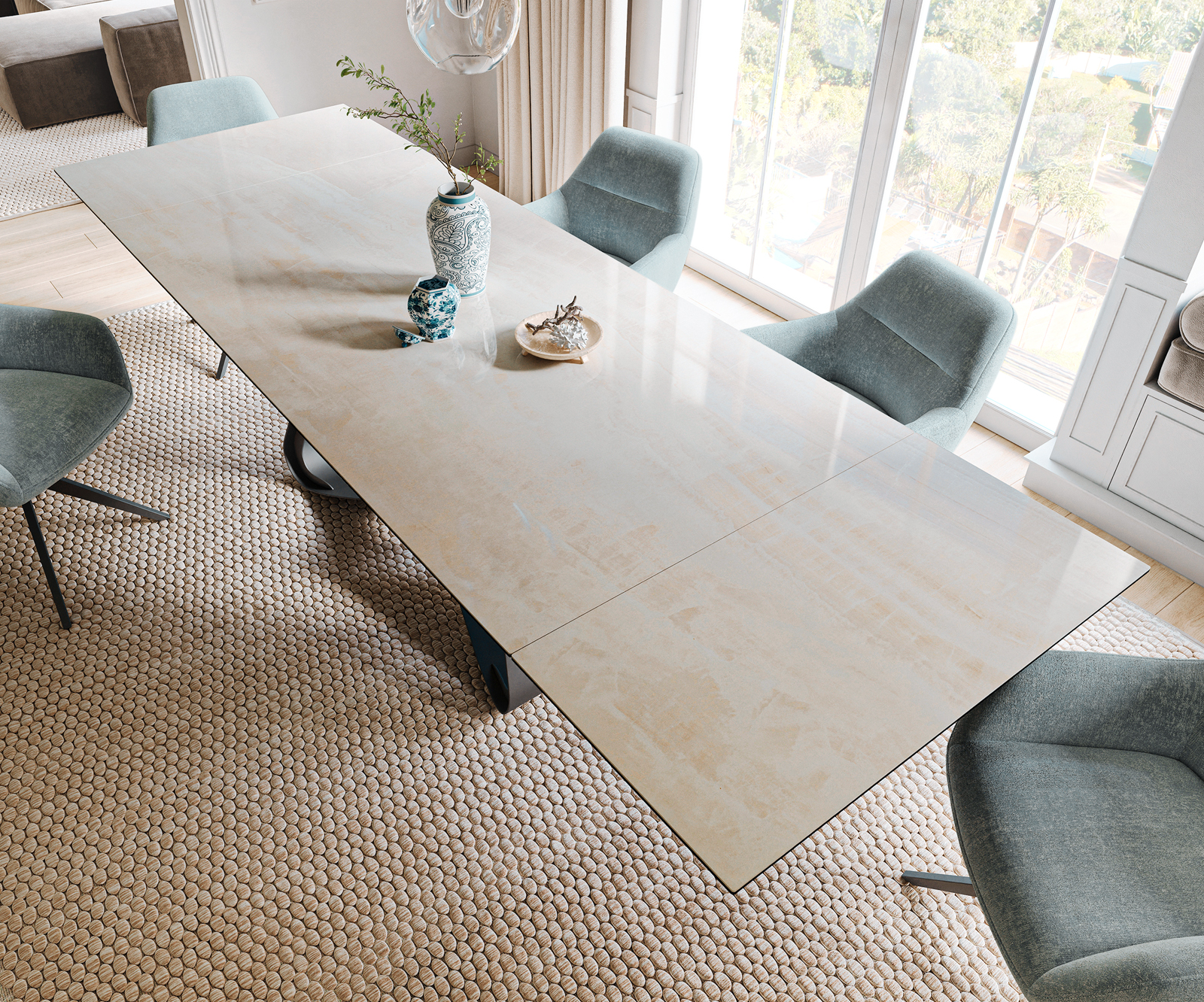 Étkezőasztal Edge 200-300x100 cm kerámia onyx pezsgő W alakú fém fekete kihúzható - Image 4