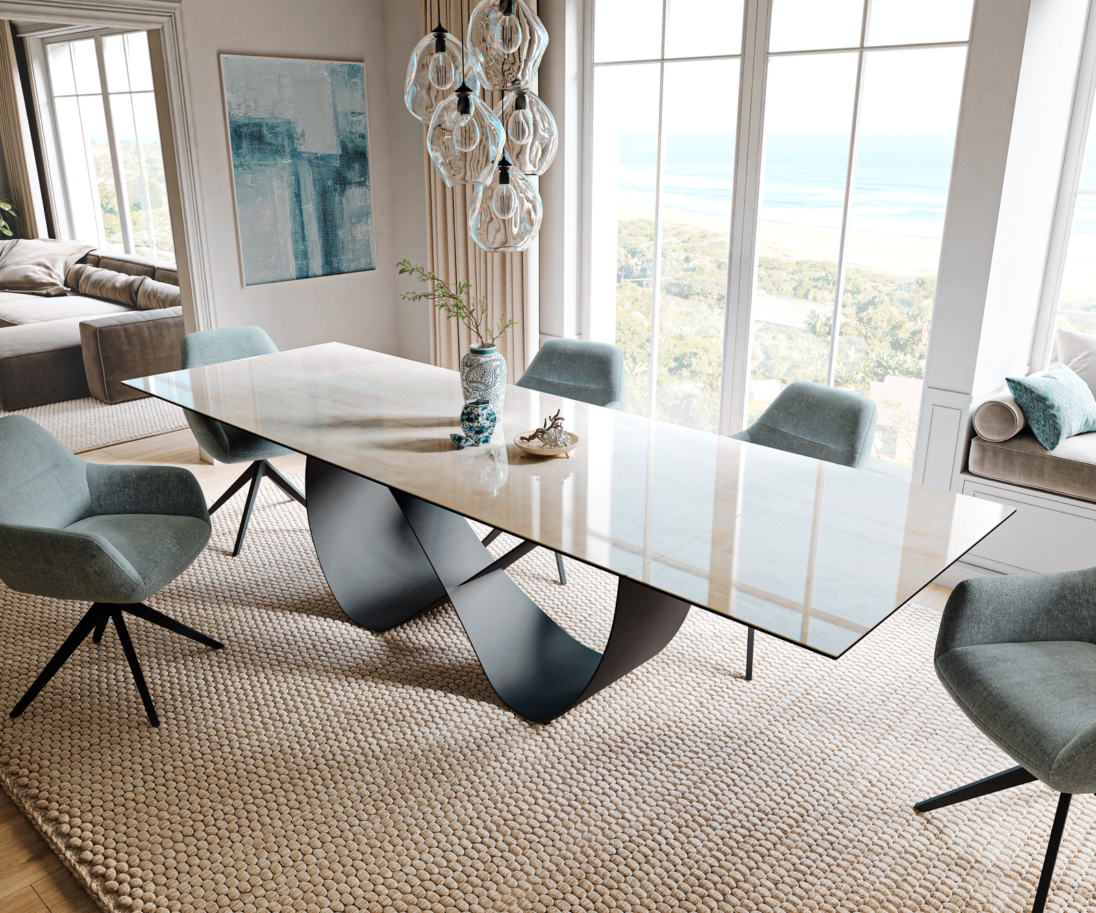 Étkezőasztal Edge 200-300x100 cm kerámia onyx pezsgő infinity fém fekete kihúzható