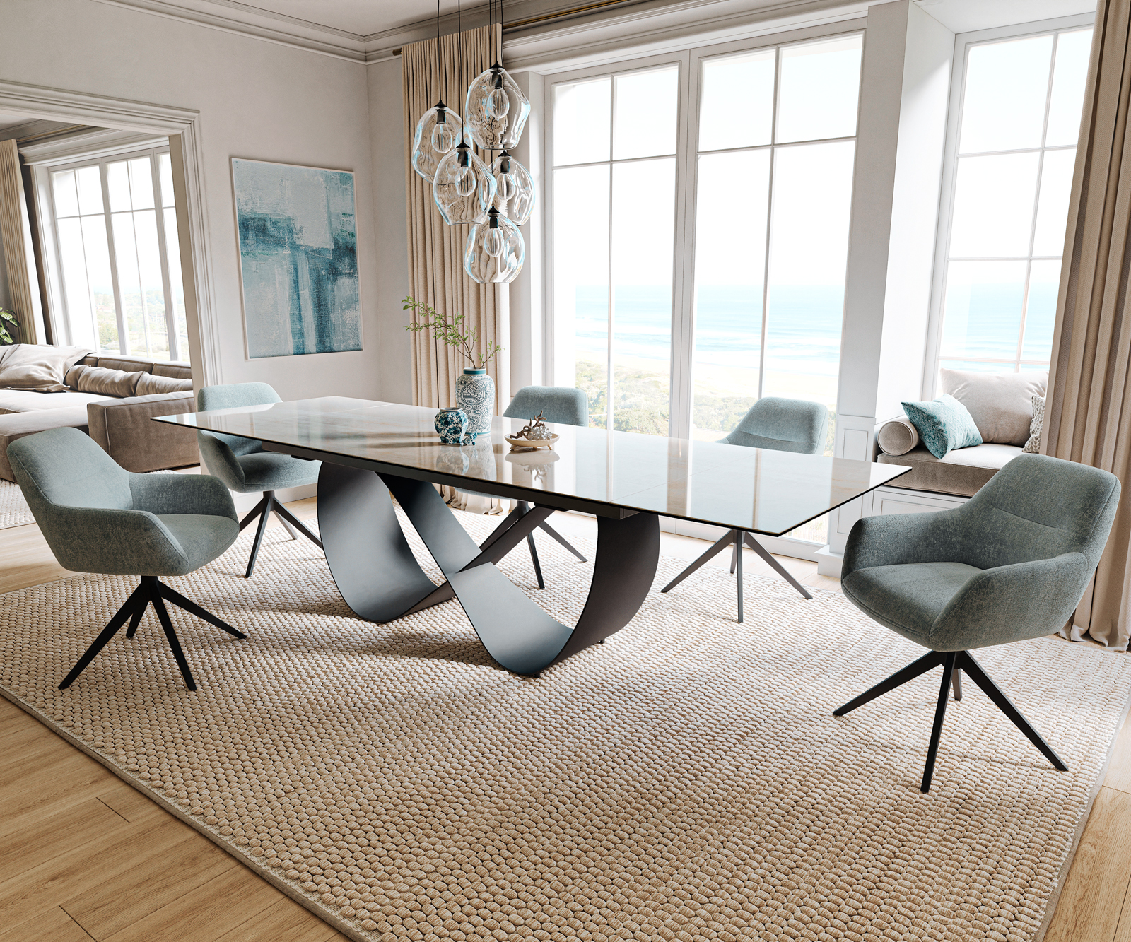 Étkezőasztal Edge 200-300x100 cm kerámia onyx pezsgő infinity fém fekete kihúzható - Image 7