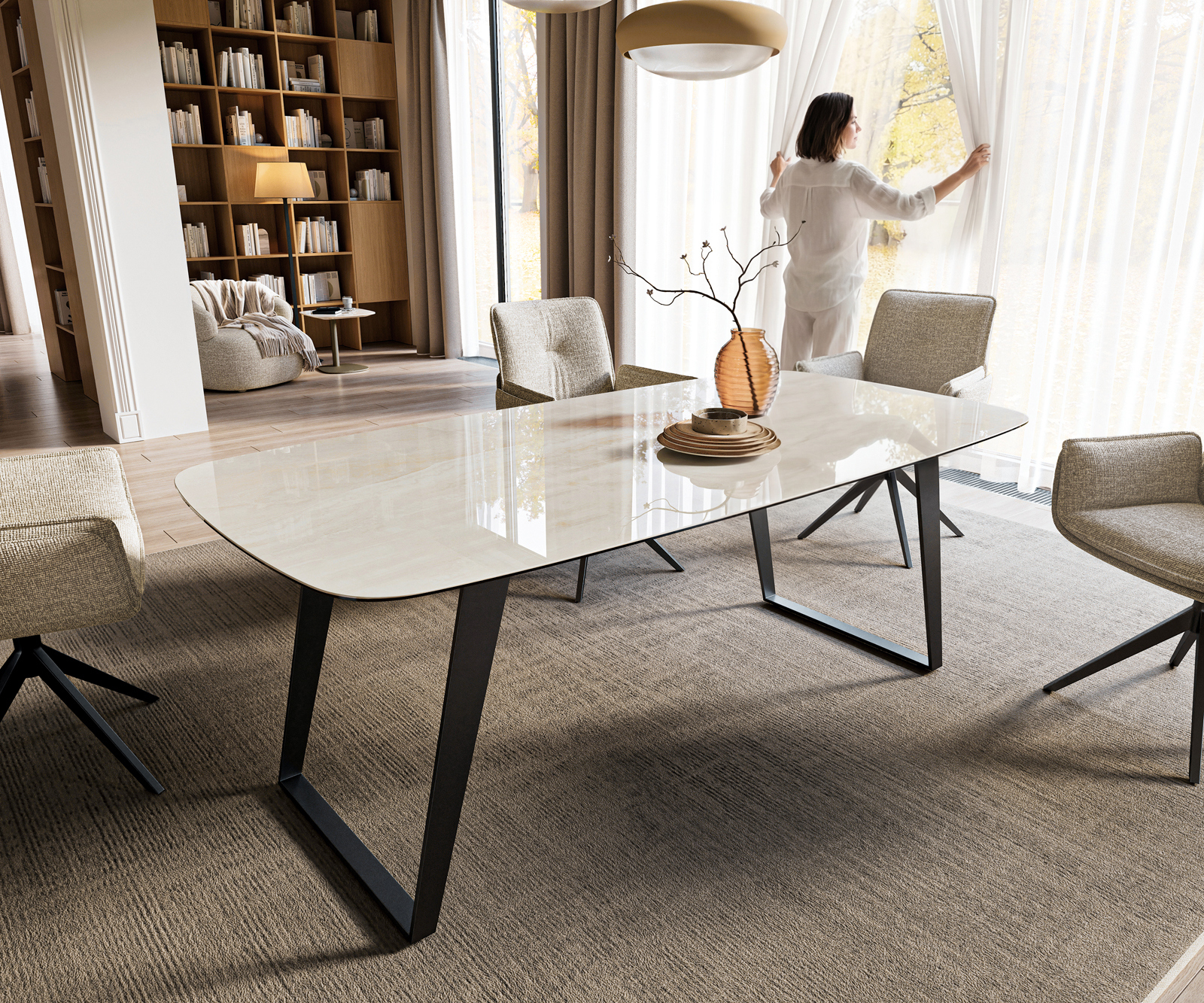 Étkezőasztal Edge hajóformájú 200x100 cm kerámia onyx pezsgő fém ferde fekete