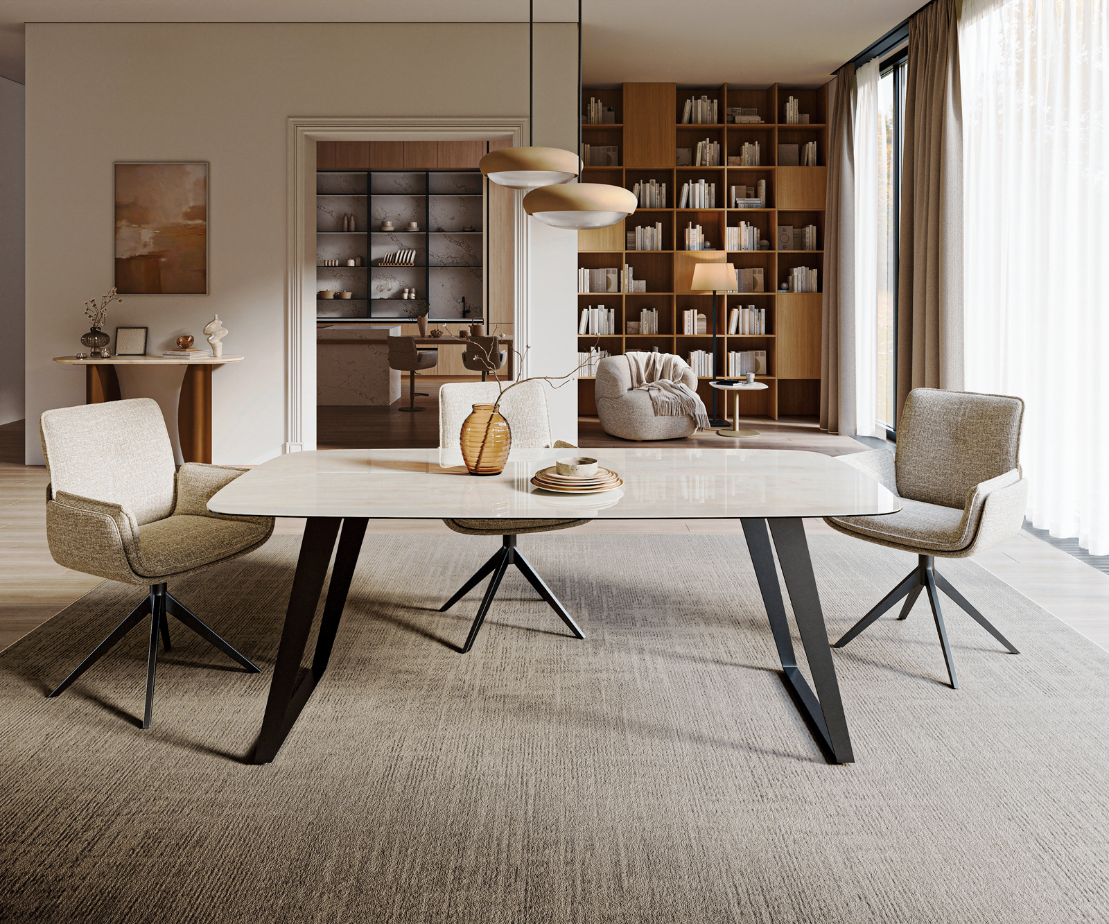 Étkezőasztal Edge hajóformájú 200x100 cm kerámia onyx pezsgő fém ferde fekete - Image 2