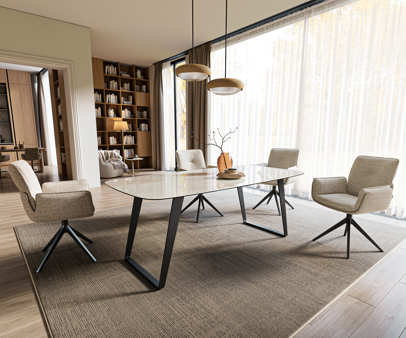 Étkezőasztal Edge hajóformájú 200x100 cm kerámia onyx pezsgő fém ferde fekete - Image 7