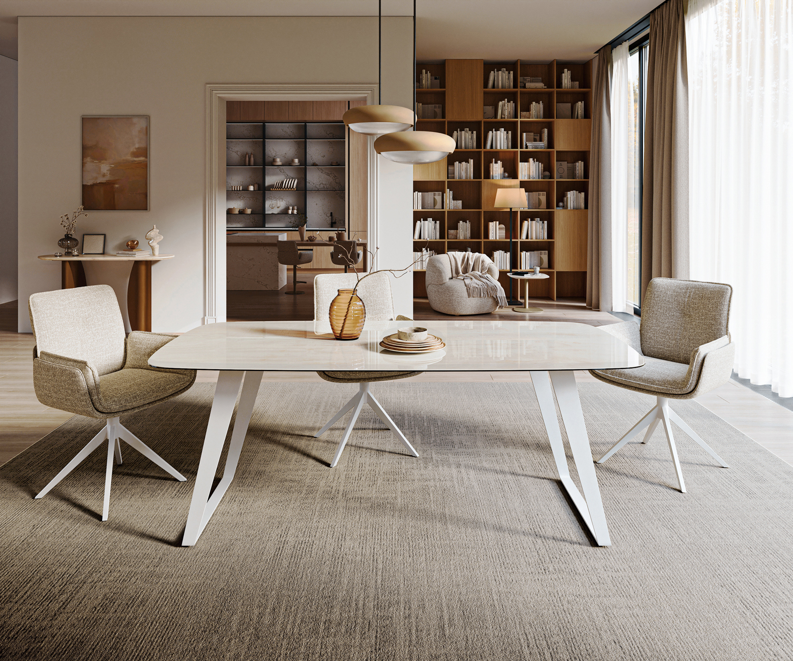 Étkezőasztal Edge hajóformájú 200x100 cm kerámia onyx pezsgő metál ferde fehér - Image 2