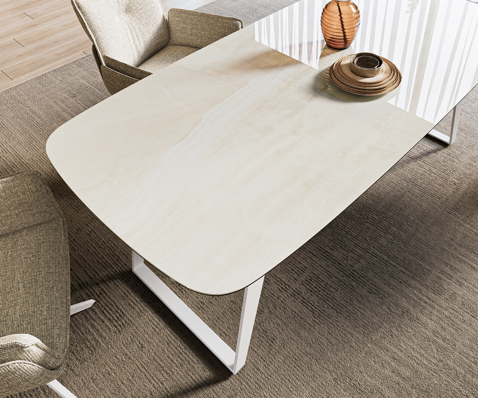 Étkezőasztal Edge hajóformájú 200x100 cm kerámia onyx pezsgő metál ferde fehér - Image 4