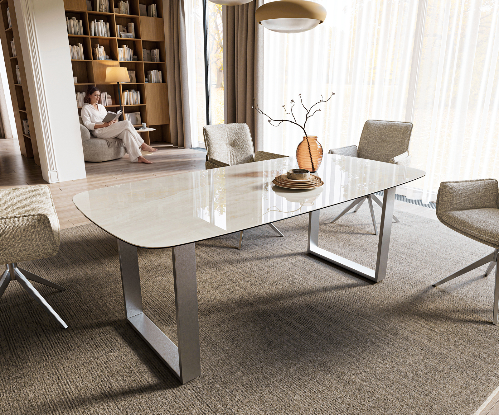 Étkezőasztal Edge hajóformájú 200x100 cm kerámia onyx pezsgő rozsdamentes acél széles