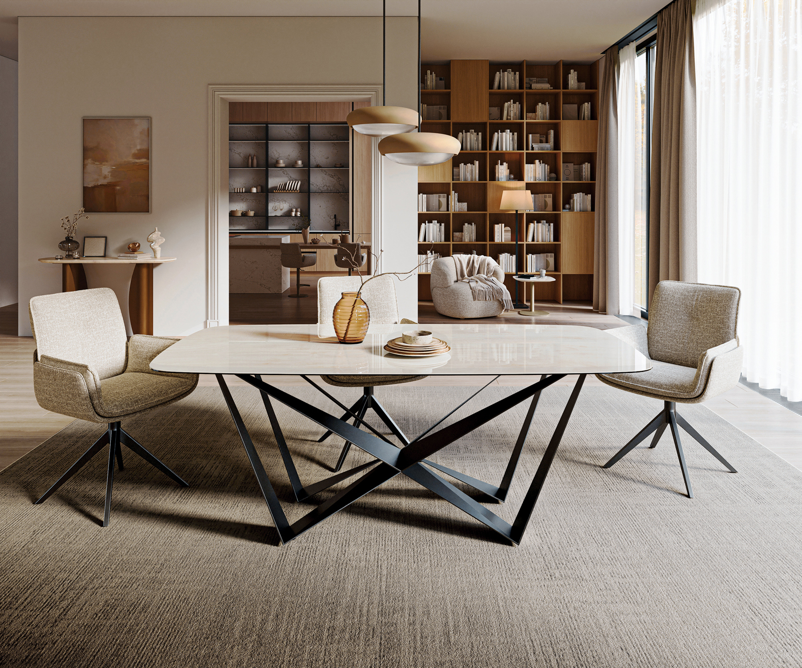 Étkezőasztal Edge hajóformájú 200x100 cm kerámia onyx pezsgő pókláb laposacél fekete - Image 2