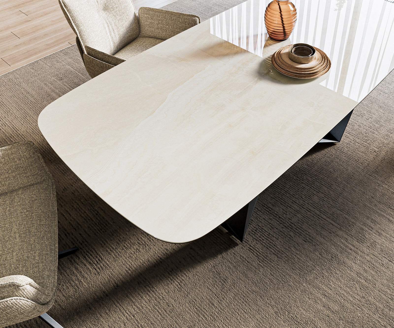 Étkezőasztal Edge hajóformájú 200x100 cm kerámia onyx pezsgő pókláb laposacél fekete - Image 4