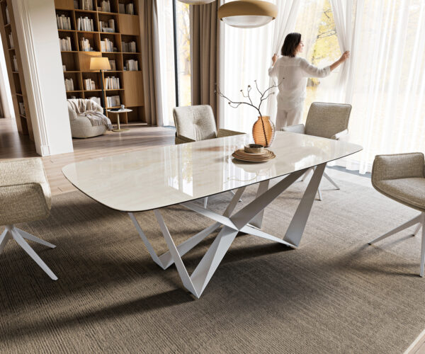 Étkezőasztal Edge hajóformájú 200x100 cm kerámia onyx pezsgő pókháló fém fehér