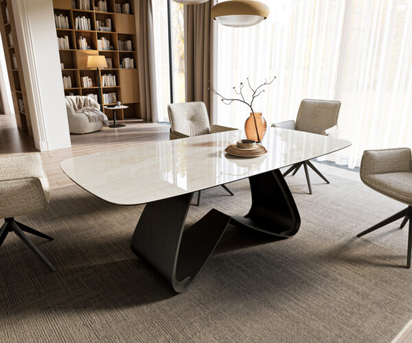 Étkezőasztal Edge hajóformájú 200x100 cm kerámia ónix pezsgő W alakú fém láb fekete