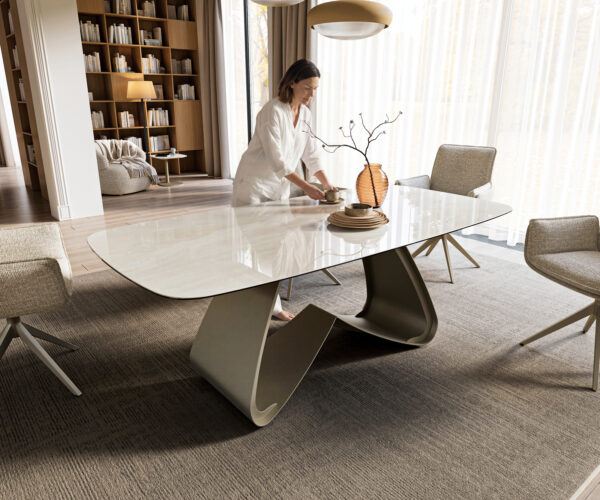 Étkezőasztal Edge hajóformájú 200x100 cm kerámia onyx pezsgő W alakú fém láb titán színű hatású