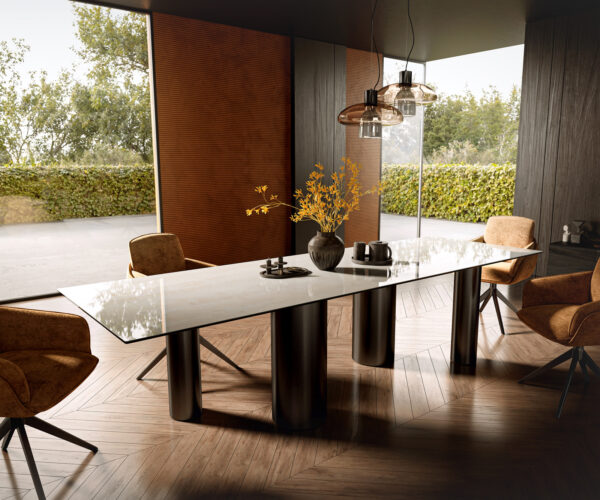 Étkezőasztal Edge 300x100 cm kerámia onyx pezsgő oszlop rozsdamentes acél grafit