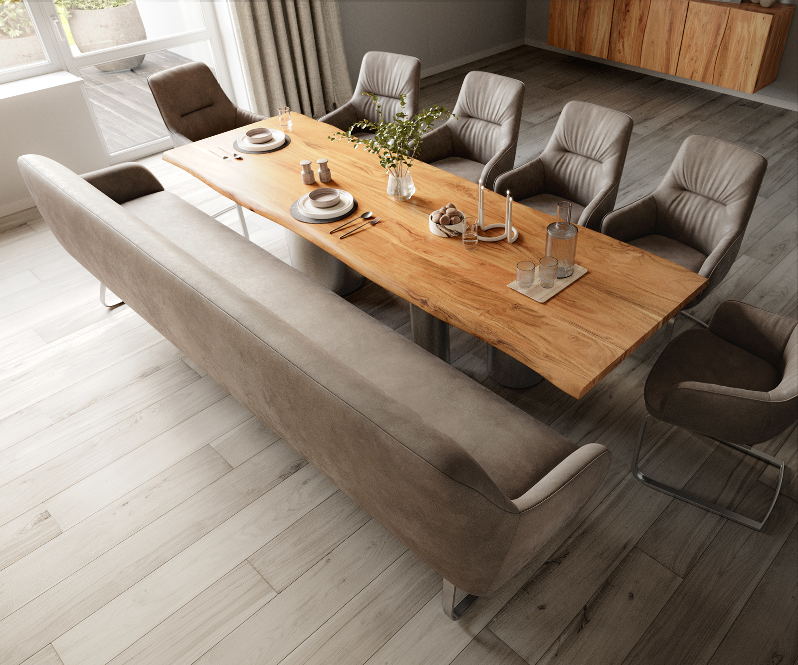 Étkezőpad Taya-Flex 300 cm mikroszálas taupe vintage vékony láb lapos rozsdamentes acél zsákrugó - Image 4