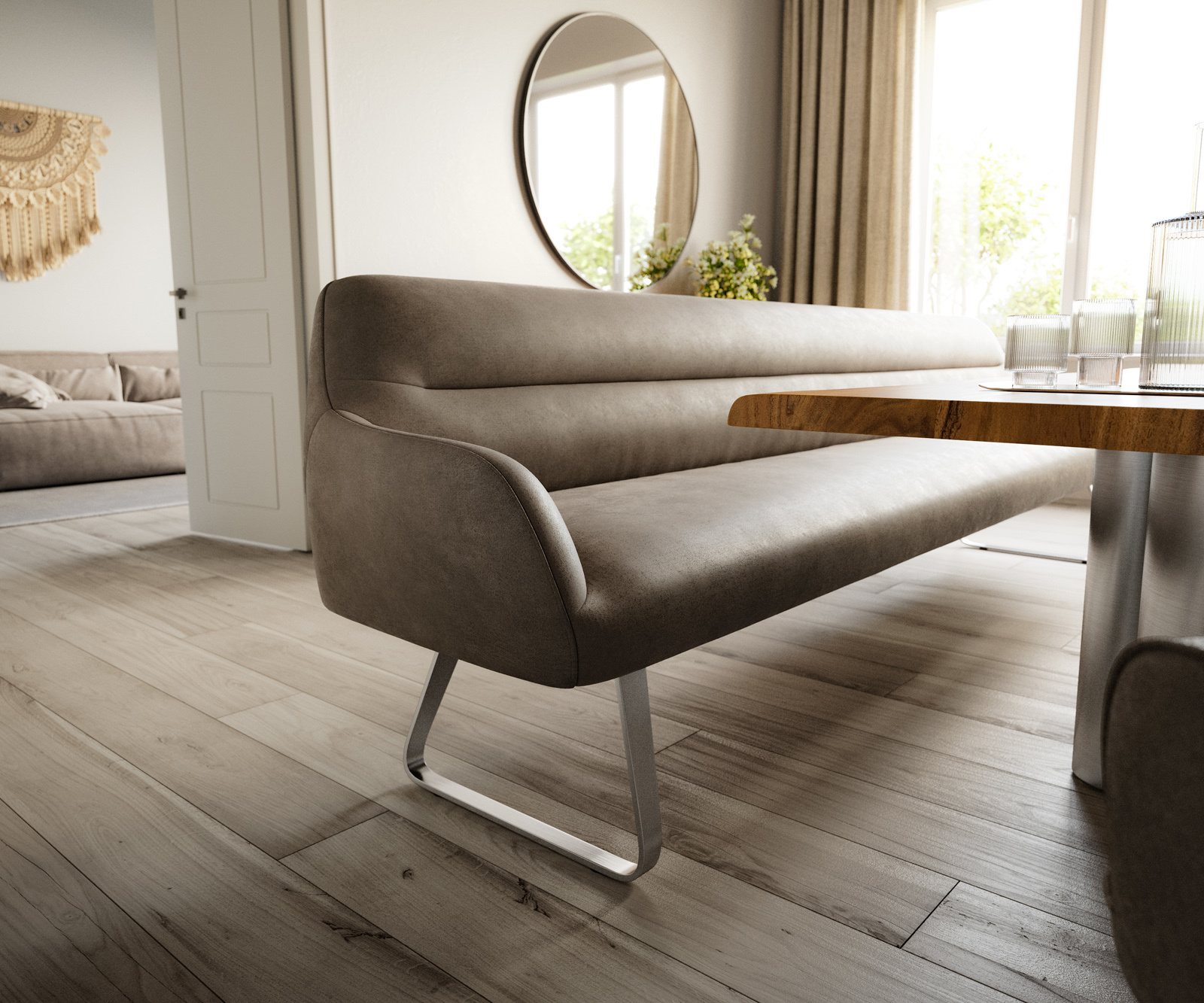 Étkezőpad Taya-Flex 300 cm mikroszálas taupe vintage vékony láb lapos rozsdamentes acél zsákrugó - Image 5