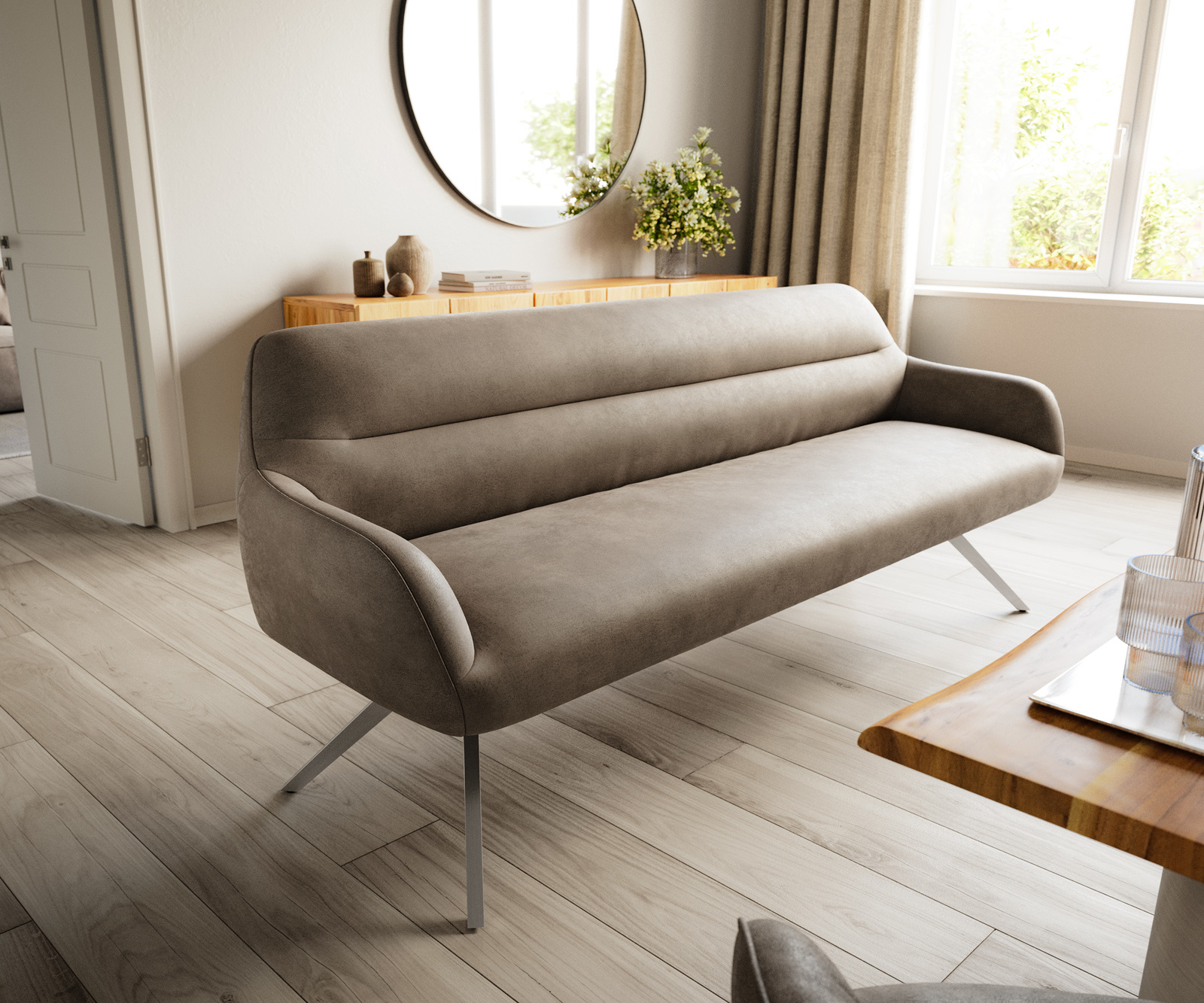 Étkezőpad Taya-Flex 200 cm mikroszálas taupe vintage kereszt láb szögletes rozsdamentes acél zsákrugó